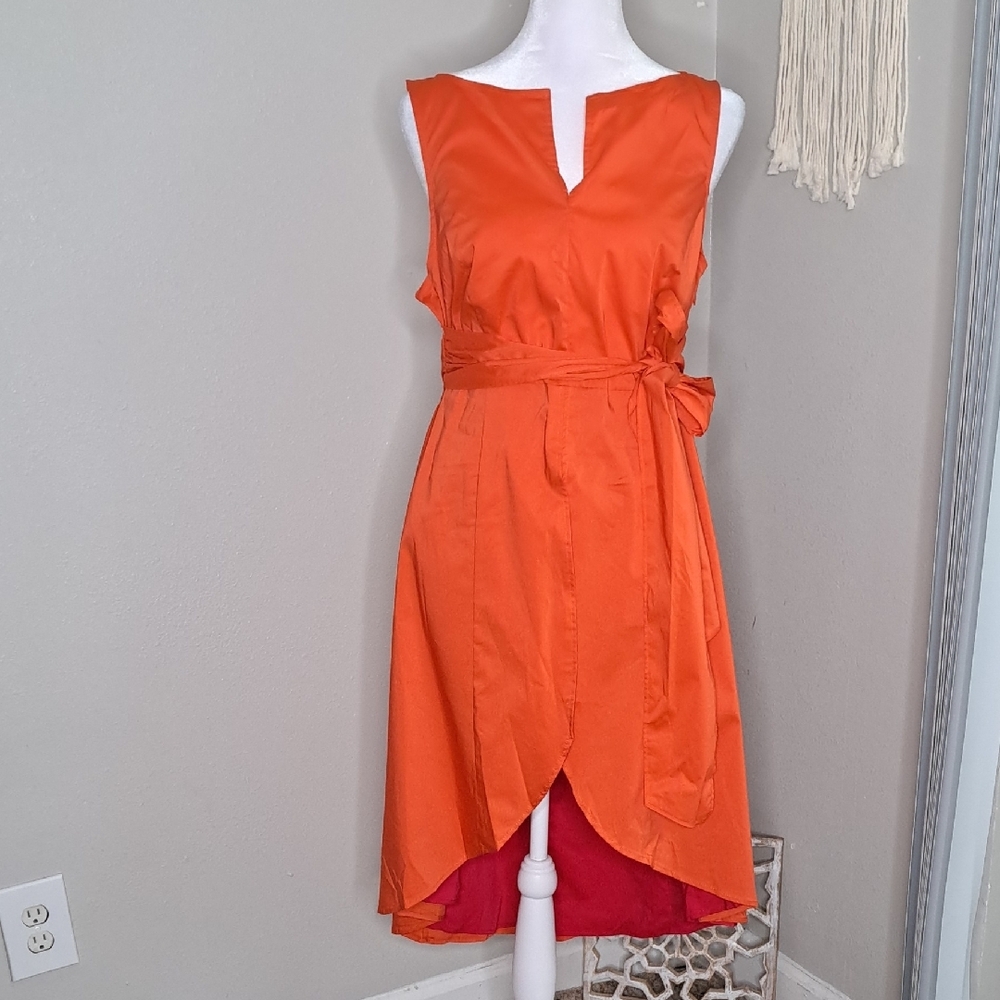 New York & Co/7th Ave Colorblock Hi-lo Poplin Maxi Shirt Orange Fuchsia Small